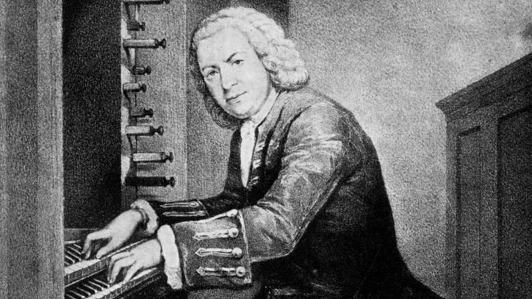 schwarz-weiß Illustration des Komponisten Johann Sebastian Bachs am Klavier