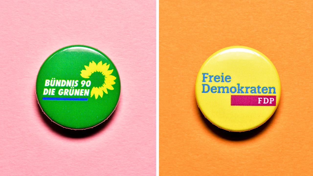 Partei-Anstecker der Grünen und der FDP. Partei-Anstecker der Grünen und der FDP.