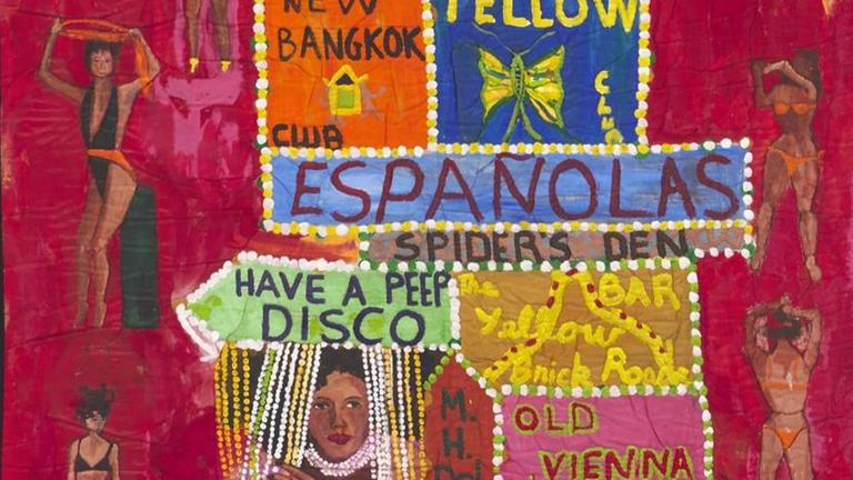 Buntes Textibild, das vom Leben der Sexarbeiterinnen in Manila erzählt. Buntes Textibild, das vom Leben der Sexarbeiterinnen in Manila erzählt.