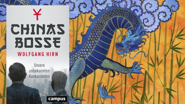 Hintergrundbild: Darstellung eines chinesischen Drachen mit blauen Vögeln und Bambus auf einer Seidenmalerei. Vordergrund Buchcover