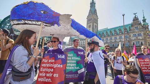 Teilnehmer der Demonstration des Hamburger Bündnisses "Ein Europa für Alle - Deine Stimme gegen Nationalismus" halten auf dem Rathausmarkt Transparente mit der Aufschrift: "Volt. Für ein vereinigtes Europa wie wir es wollen. Europawahl 26. Mai Jetzt bist du dran." und einen blauen Wahl aus Pappmaschee hoch.
