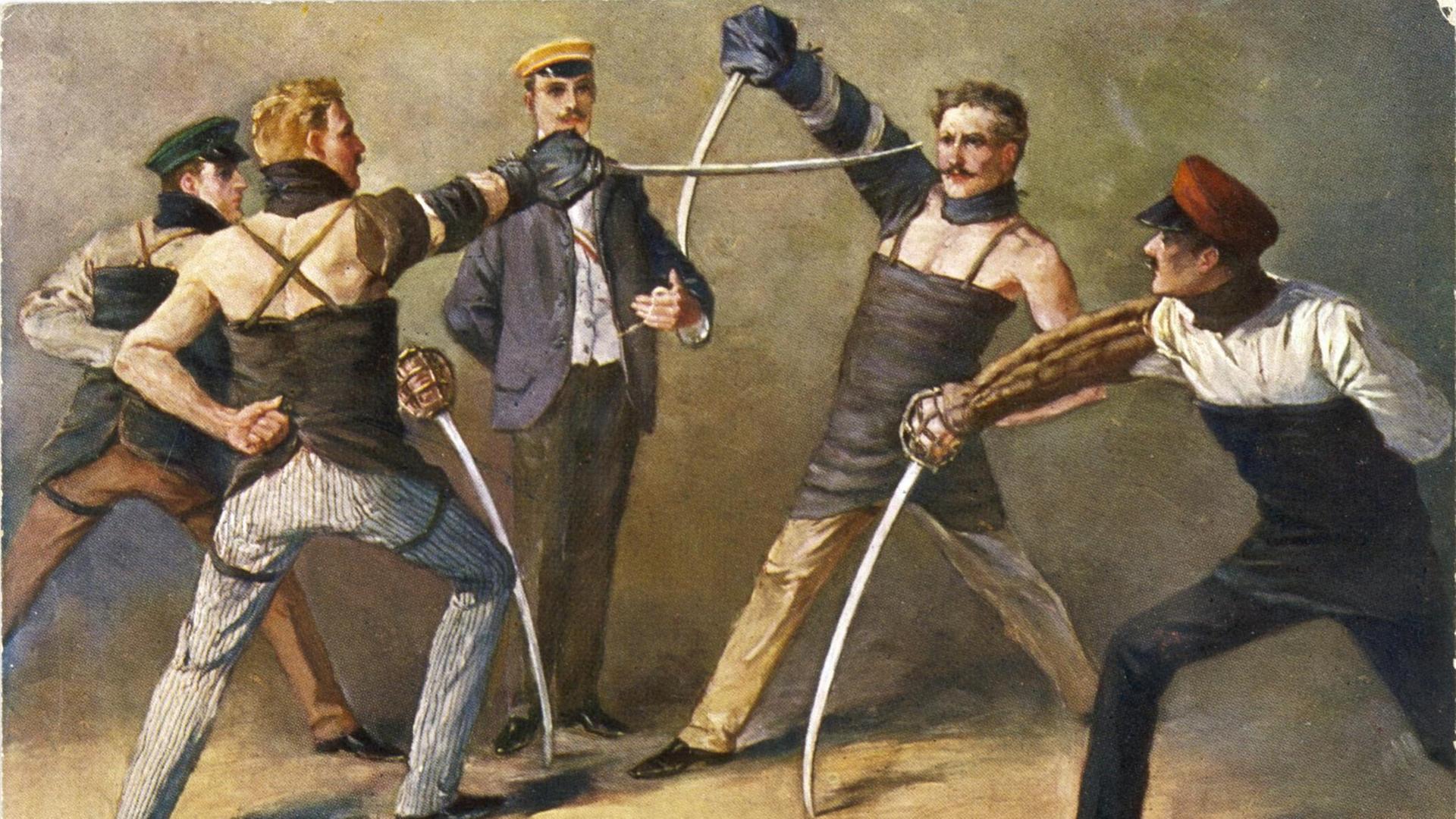 Eine Duellszene mit zwei Duellierenden und ihren Sekundanten um 1905. Eine Duellszene mit zwei Duellierenden und ihren Sekundanten um 1905.