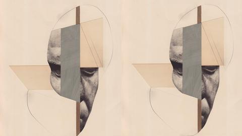 Déjà-vu-Erlebnisse durchziehen Max Frischs gesamte Erzählung. Zu sehen: Surrealistisch geschnittene Papierformen und männliches Gesicht in zweifacher Ausfertigung.