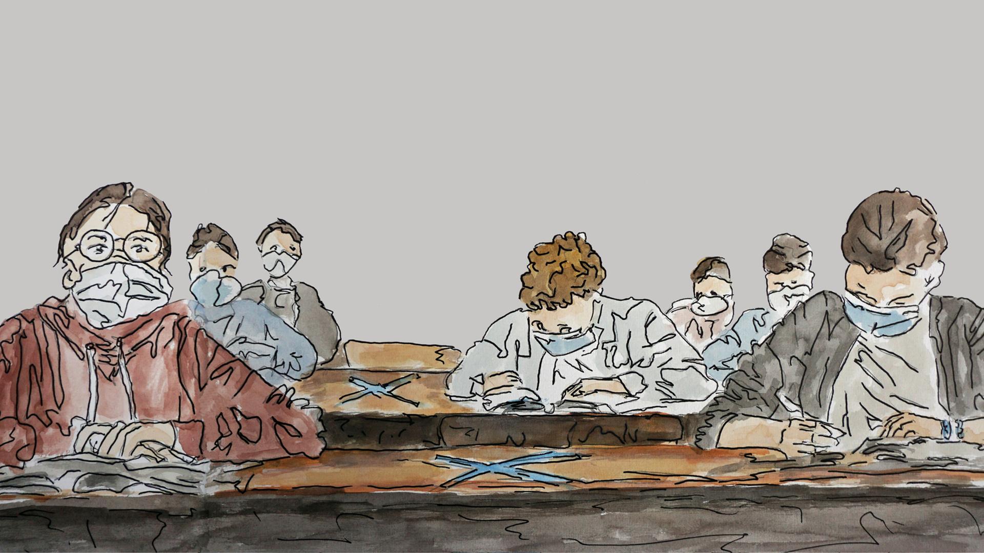Zeichnung zu Folge 6: SchülerInnen sitzen mit Mundschutz in einer Klasse und schreiben eine Klassenarbeit. Zeichnung zu Folge 6: SchülerInnen sitzen mit Mundschutz in einer Klasse und schreiben eine Klassenarbeit.