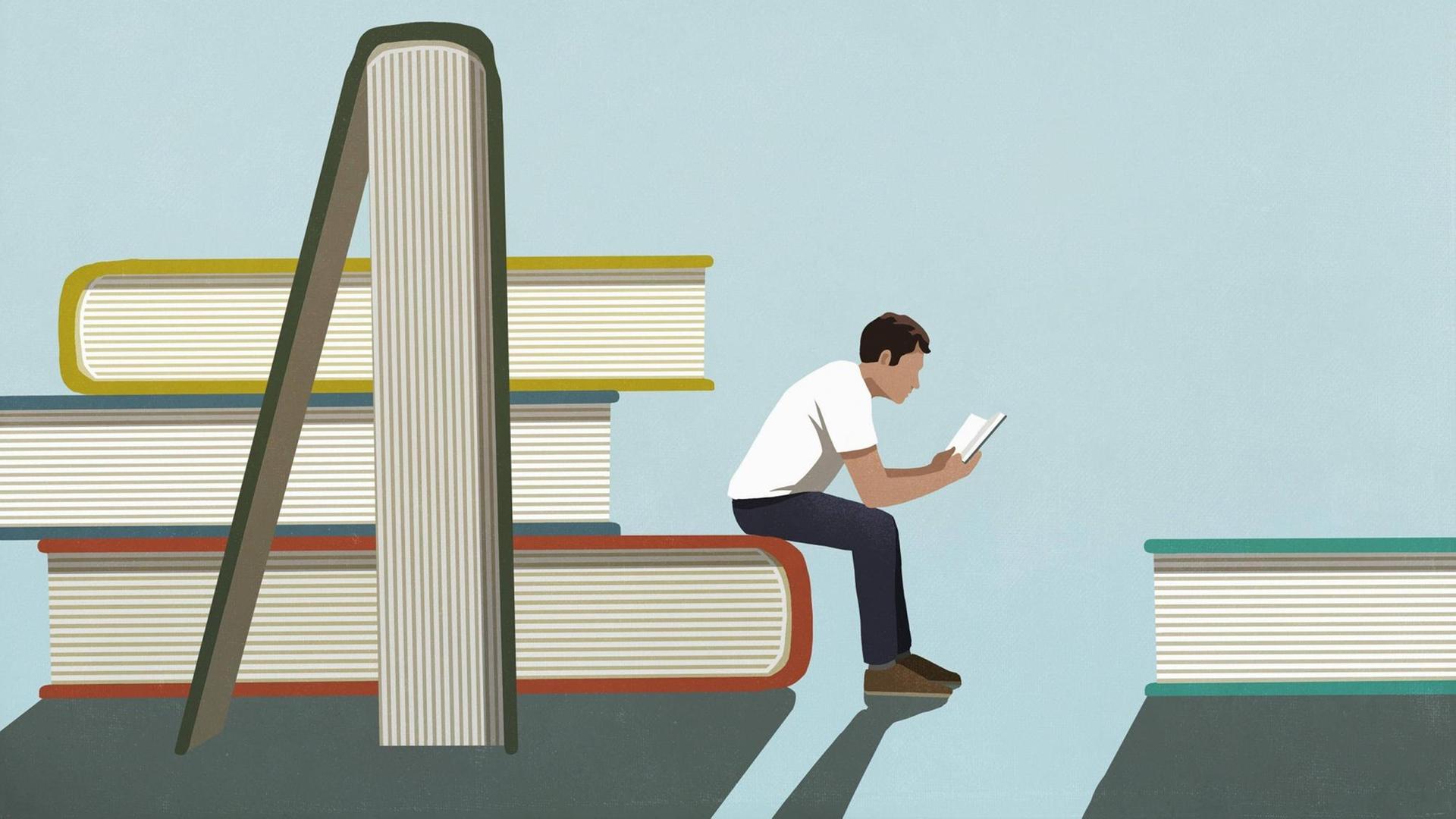 Illustration: Ein Mann sitzt auf einem übergrossen Bücherstapel und liest. Illustration: Ein Mann sitzt auf einem übergrossen Bücherstapel und liest.