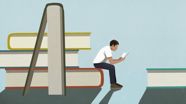 Illustration: Ein Mann sitzt auf einem übergrossen Bücherstapel und liest.
