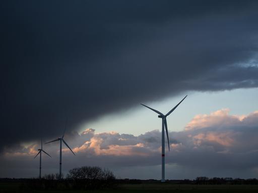Windräder drehen sich am 04.12.2013 in Ockholm (Schleswig-Holstein) beim Sonnenuntergang. Tief «Xaver» soll am Donnerstag mit Orkanstärke an der deutschen Nordseeküste ankommen.