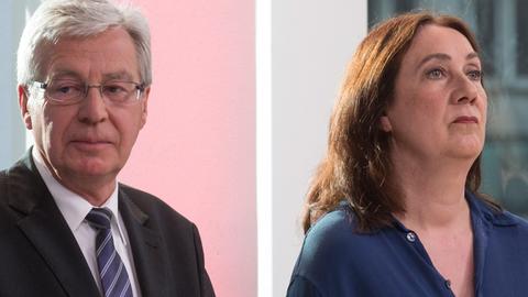 Bürgermeister Jens Böhrnsen, SPD-Spitzenkandidat, und Karoline Linnert, Spitzenkandidatin von Bündnis 90/Die Grünen, stehen am 10.05.2015 im Fernsehstudio in der Bremer Bürgerschaft nebeneinander.