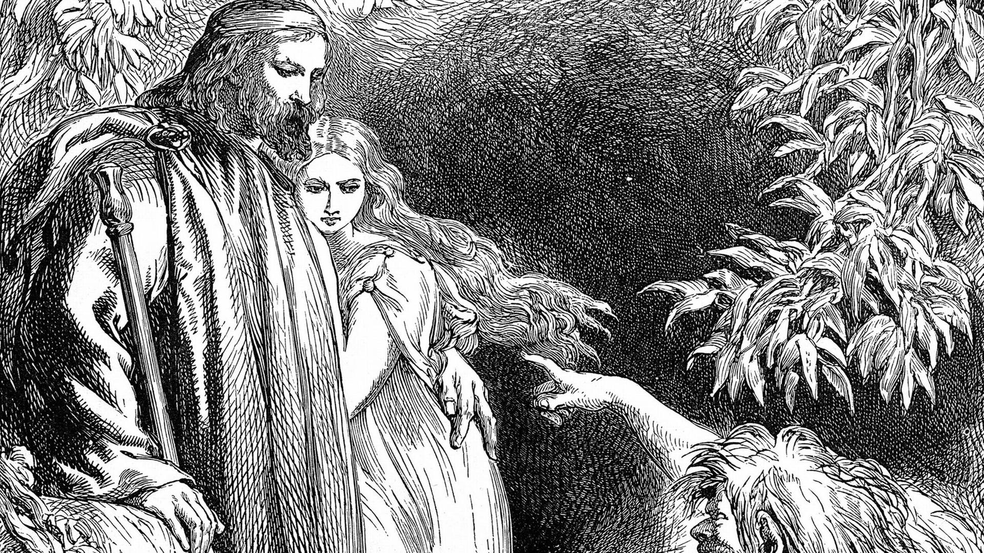 Prospero, der seine Tochter Miranda im Arm hält, betrachtet Caliban. Illustration von John Gilbert (1817-1897)