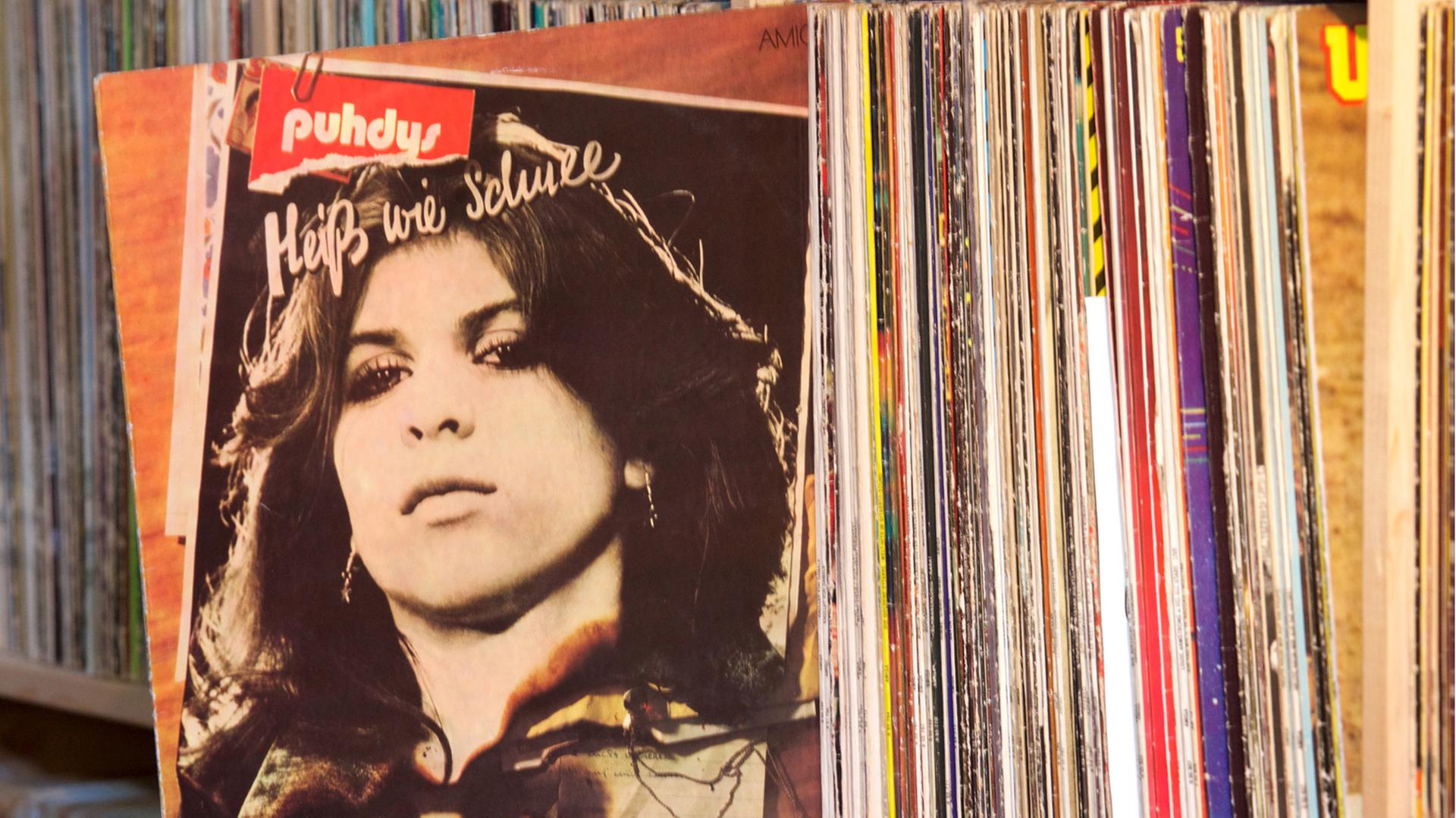 Aus einem Regal mit zahlreichen Schallplatten wurde die LP "Heiß wie Schnee" von den Puhdys herausgezogen. Auf dem Cover ist das Porträt einer Frau zu sehen. Aus einem Regal mit zahlreichen Schallplatten wurde die LP "Heiß wie Schnee" von den Puhdys herausgezogen. Auf dem Cover ist das Porträt einer Frau zu sehen.