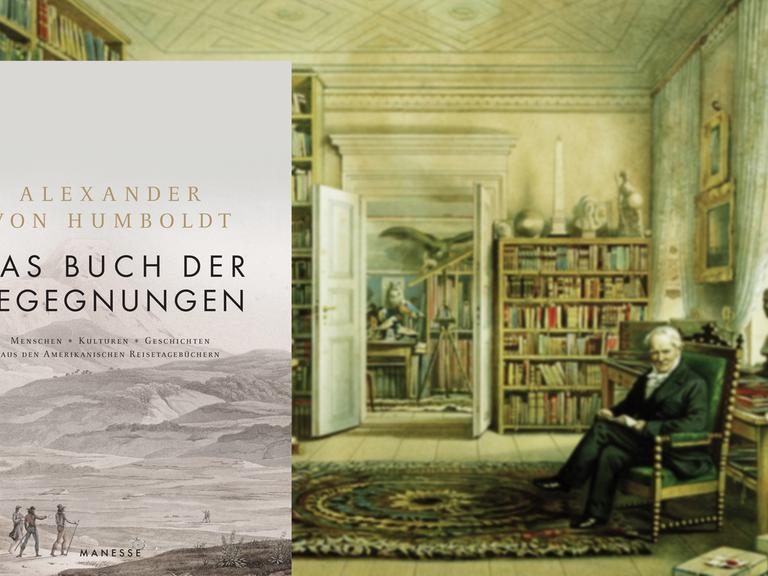 Cover "Das Buch der Begegnungen" von Alexander von Humboldt / im Hintergrund ein Bild Humboldts in seinem Bilbiothekszimmer