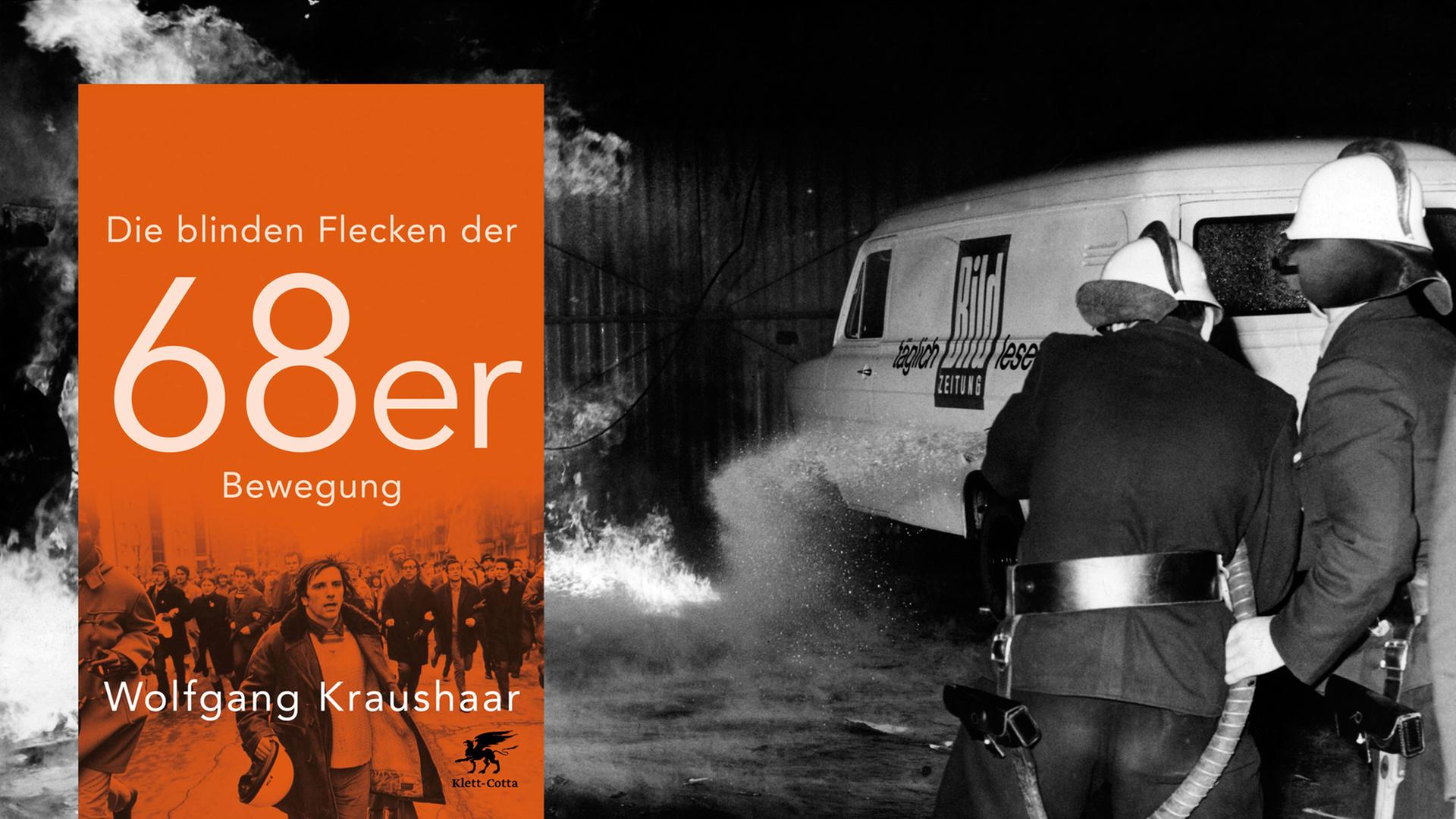Zwei Feuerwehrmänner sind zu sehen, die mit einem Schlauch Wasser auf ein brennendes Fahrzeug schießen. Zwei Feuerwehrmänner sind zu sehen, die mit einem Schlauch Wasser auf ein brennendes Fahrzeug schießen.