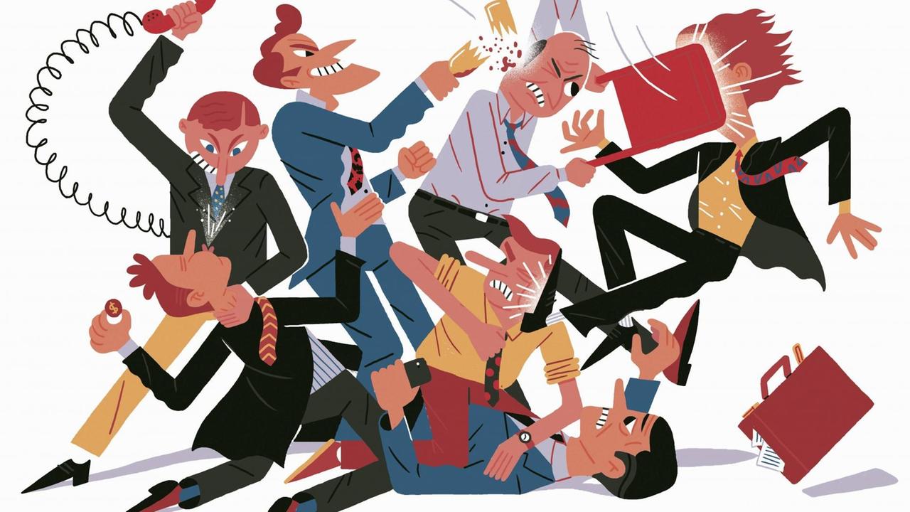 Eine Zeichnung von sich wüst prügelnden Geschäftsmännern und -frauen Eine Zeichnung von sich wüst prügelnden Geschäftsmännern und -frauen