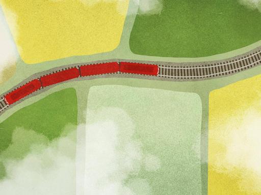 Illustration: Die Luftansicht eines roten Zuges, der durch eine grüne Landschaft fährt