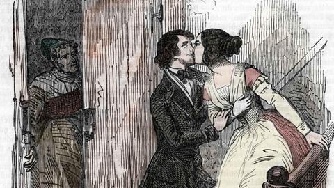 Illustration eines heimlichen Kusses zwischen Eugénie Grandet und ihrem Cousin Charles.