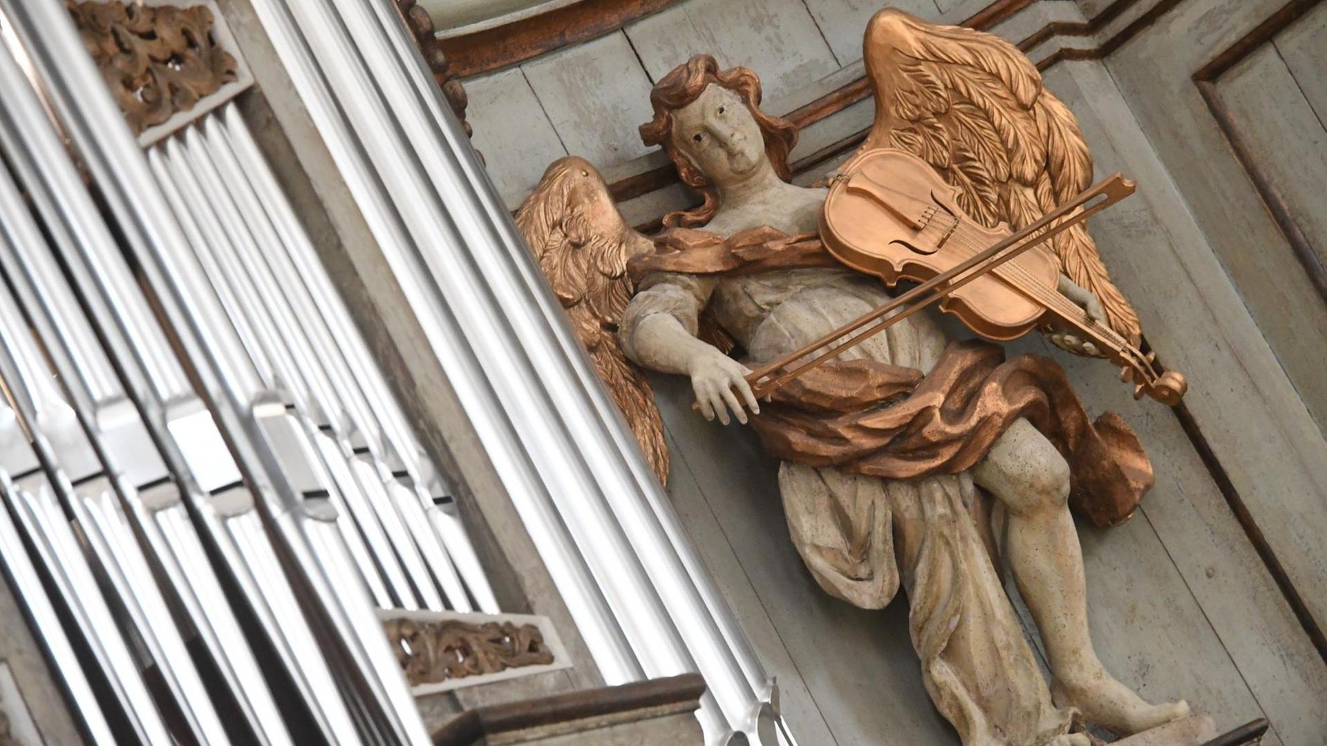 Blick auf eine historische Engelsfigur, die eine goldene Geige spielt und direkt neben den neuen Orgelpfeifen steht.