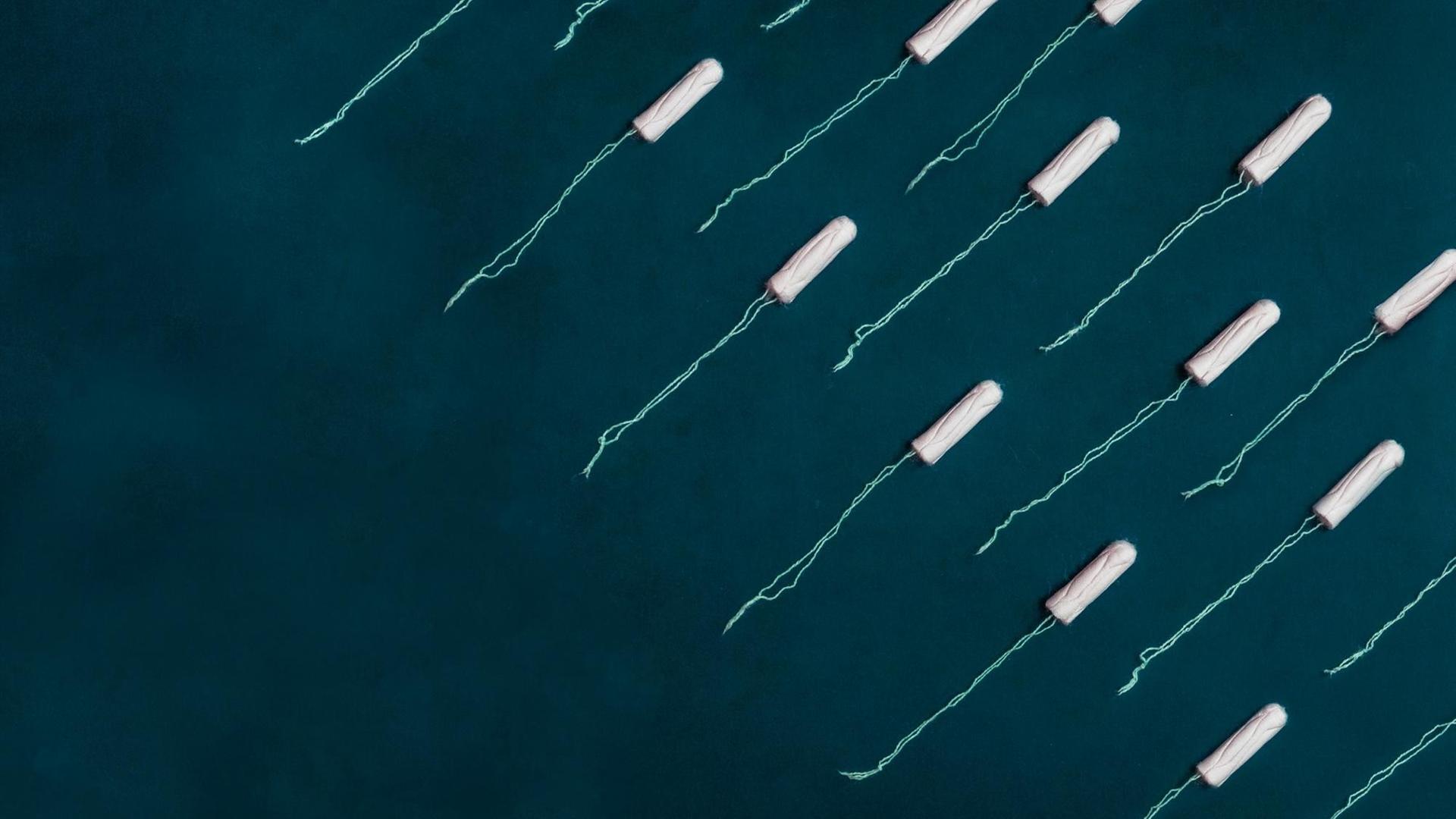 Illustration von vielen Tampons, die wie ein Schwarm Fische oder Spermien in eine Richtung zeigen. Illustration von vielen Tampons, die wie ein Schwarm Fische oder Spermien in eine Richtung zeigen.
