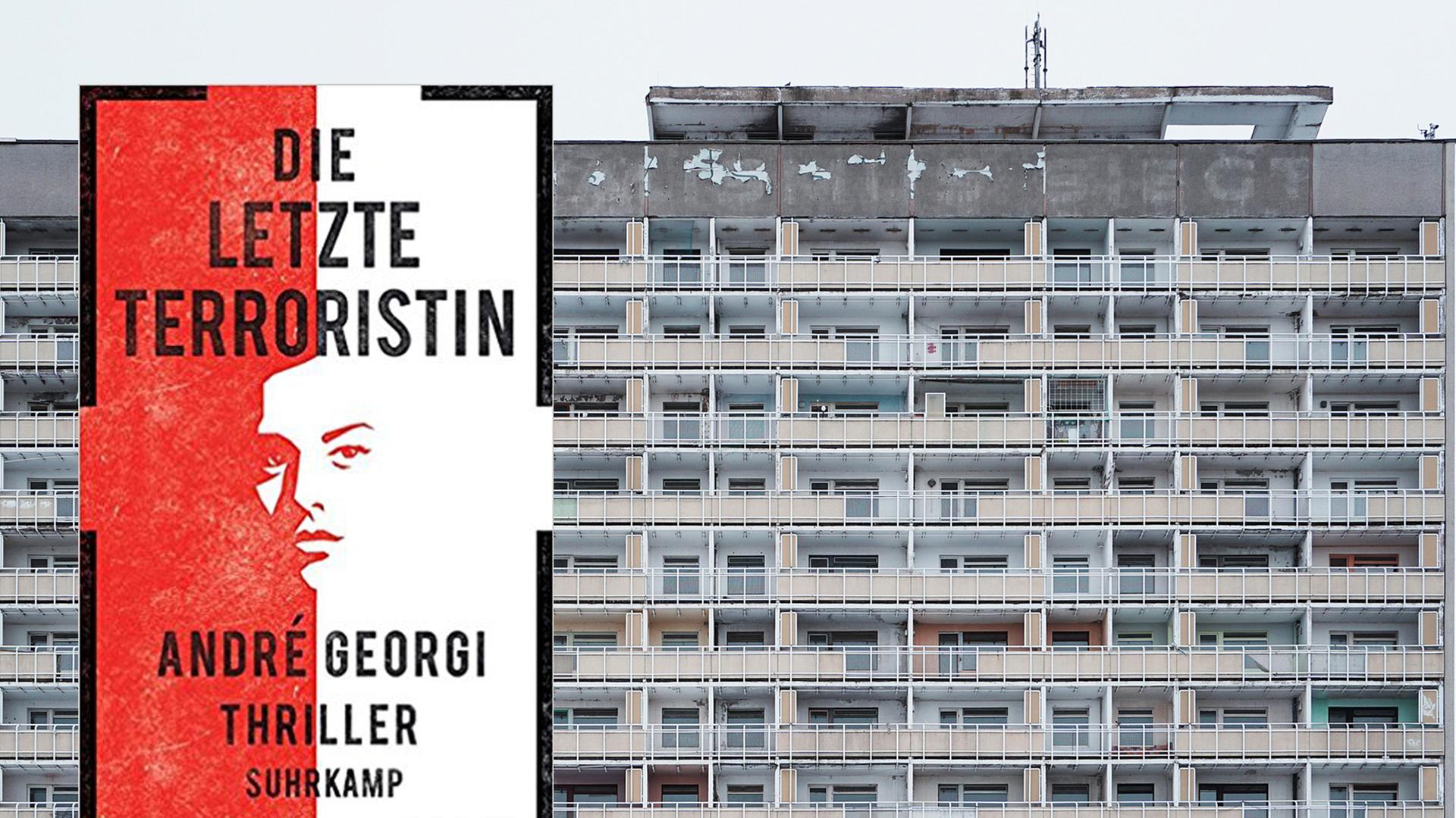 Das Cover von André Georgies Thriller "Die letzte Terroristin", im Hintergrund ist ein Plattenbau in Dresden zu sehen.