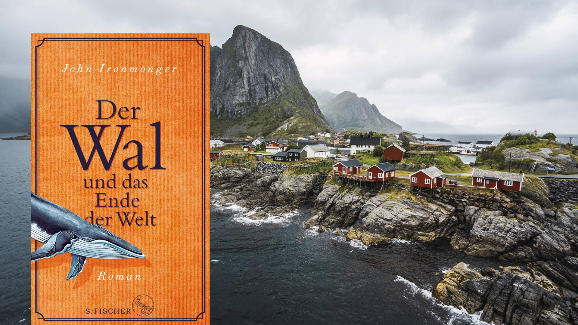 Im Vordergrund ist das Cover des Buches "Der Wal und das Ende der Welt" zu sehen. Im Hintergrund ist eine Aufnahme eines Dorfes an einer steinigen Küste. Im Vordergrund ist das Cover des Buches "Der Wal und das Ende der Welt" zu sehen. Im Hintergrund ist eine Aufnahme eines Dorfes an einer steinigen Küste.