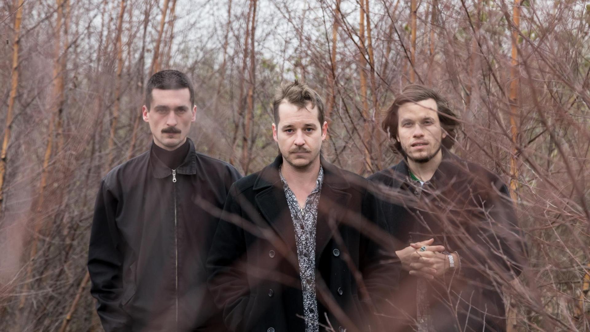 Die Mitglieder der Band International Music stehen zu dritt in einer Wiese und schauen in die Kamera. Die Mitglieder der Band International Music stehen zu dritt in einer Wiese und schauen in die Kamera.