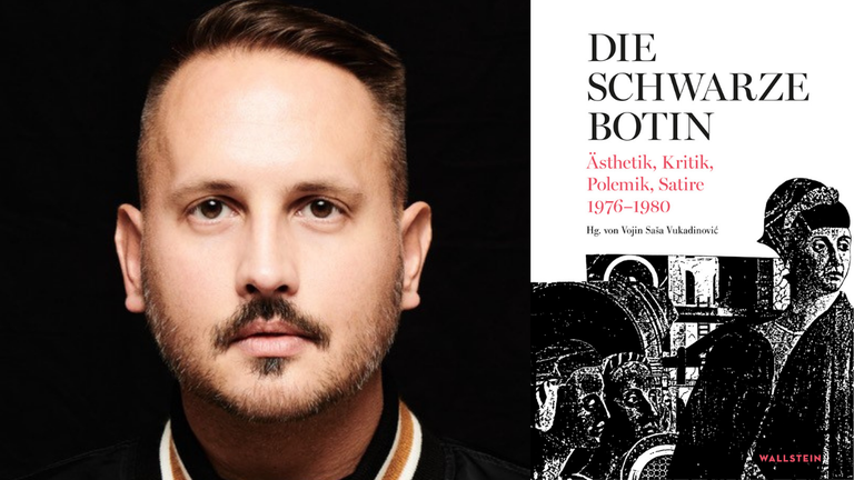 Der Herausgeber Vojin Saša Vukadinović mit seinem Buch „Die schwarze Botin. Ästhetik, Kritik, Polemik, Satire 1976 – 1980“ Der Herausgeber Vojin Saša Vukadinović mit seinem Buch „Die schwarze Botin. Ästhetik, Kritik, Polemik, Satire 1976 – 1980“