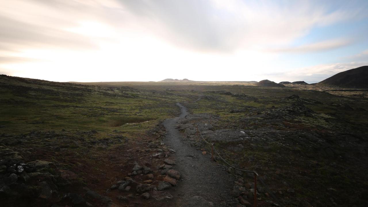 Ein schmaler Pfad über ein mit Moos bewachsenes Lavafeld. Im Hintergrund sind Bergspitzen zu sehen. Ein schmaler Pfad über ein mit Moos bewachsenes Lavafeld. Im Hintergrund sind Bergspitzen zu sehen.