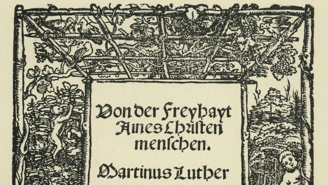 Titelholzschnitt von Martin Luther: 'Von der Freyhayt Aines Christenmenschen', Freiheitstraktat mit der These der Freiheit und gleichzeitigen Knechtschaft der Christen, Wittenberg, 1520. Titelholzschnitt von Martin Luther: 'Von der Freyhayt Aines Christenmenschen', Freiheitstraktat mit der These der Freiheit und gleichzeitigen Knechtschaft der Christen, Wittenberg, 1520.