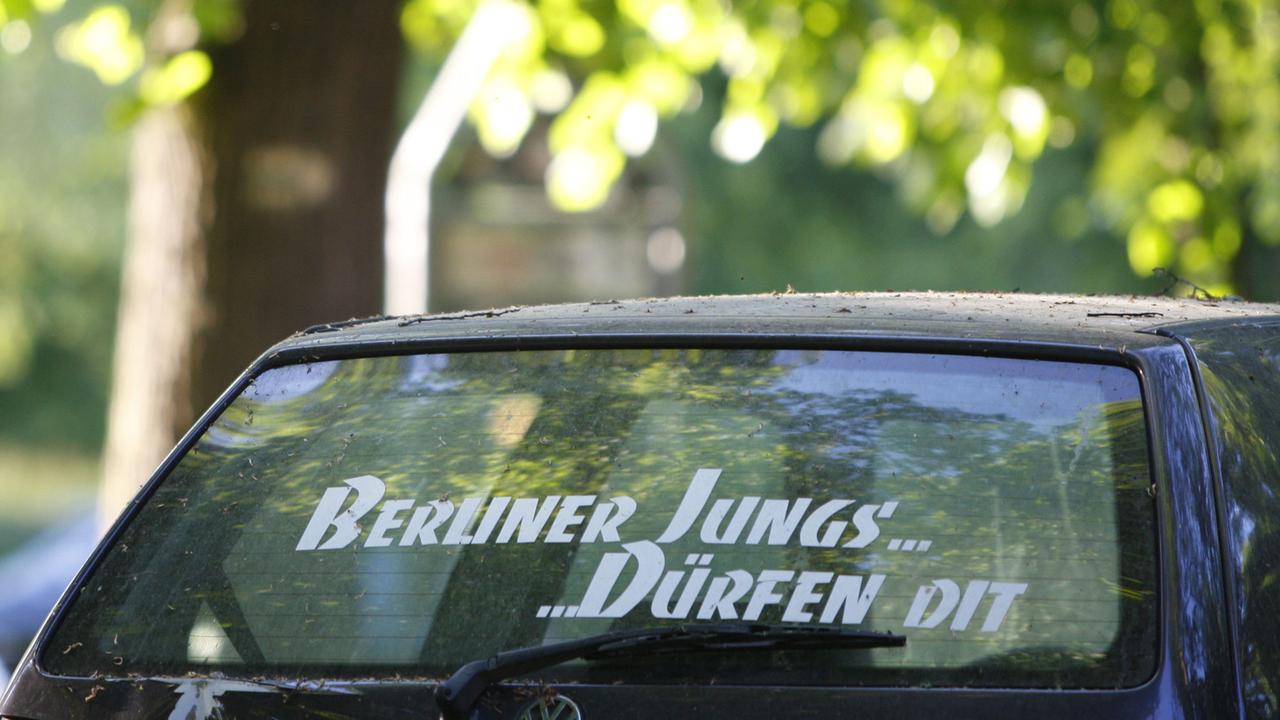 Der Schriftzug "Berliner Jungs' dürfen dit" steht in Berlin-Köpenick auf der Heckscheibe eines Kleinwagens. Der Schriftzug "Berliner Jungs' dürfen dit" steht in Berlin-Köpenick auf der Heckscheibe eines Kleinwagens.