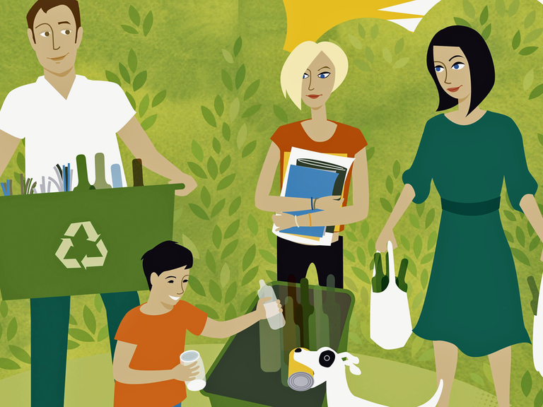 Eine Familie mit Recycling-Produkten.