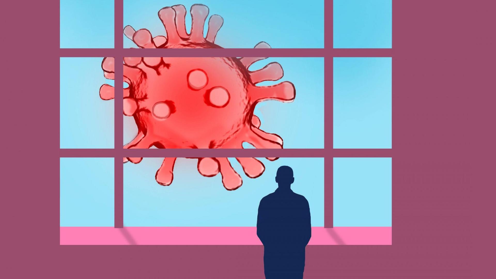 Ein Mann steht am Fenster und schaut hinaus auf eine Zeichnung eines Virus. Ein Mann steht am Fenster und schaut hinaus auf eine Zeichnung eines Virus.