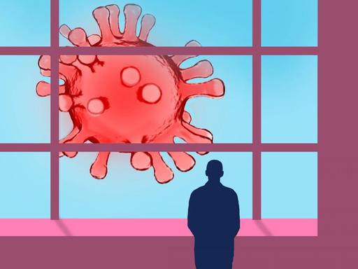 Ein Mann steht am Fenster und schaut hinaus auf eine Zeichnung eines Virus.