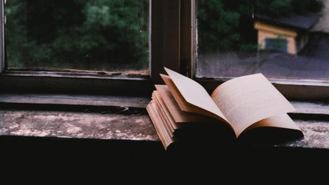 Ein Buch liegt aufgeschlagen auf einer Fensterbank. Durch das Fenster fällt der Blick in den Hof.