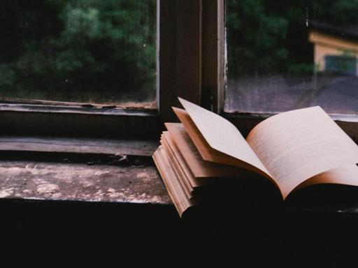 Ein Buch liegt aufgeschlagen auf einer Fensterbank. Durch das Fenster fällt der Blick in den Hof.