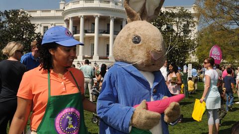 Die beliebte Kinderbuch-Figur Peter Rabbit beim Osterfest im Garten des Weißen Hauses in Washington