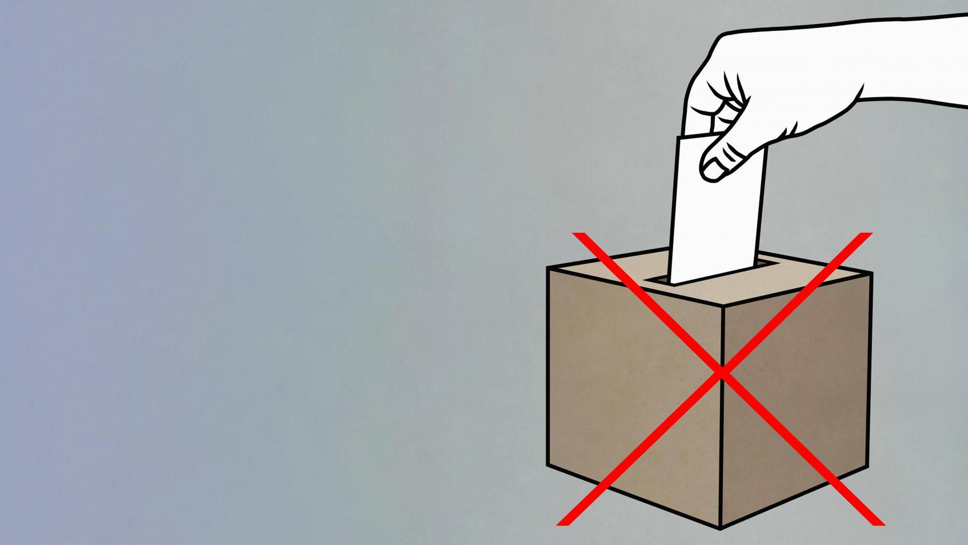 Eine Hand steckt einen Wahlzettel in eine Wahlurne. Darüber ein großes rotes X. Eine Hand steckt einen Wahlzettel in eine Wahlurne. Darüber ein großes rotes X.