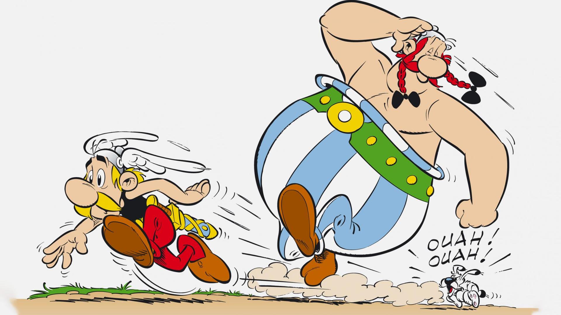 Zeichnung aus dem Comic Asterix und Obelix in der Asterix, Obelix und Idefix wegrennen.