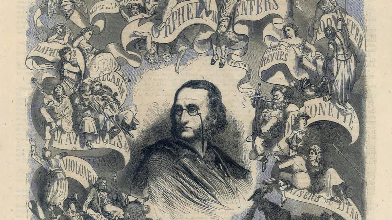 Das Porträt des Komponisten inmitten musikalischer Allegorien seiner Werke. Das Porträt des Komponisten inmitten musikalischer Allegorien seiner Werke.