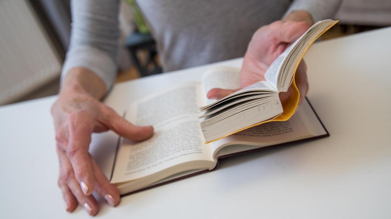 Übersetzerin bei der Arbeit - Eine Frau liest ein Buch mithilfe eines Wörterbuchs. Übersetzerin bei der Arbeit - Eine Frau liest ein Buch mithilfe eines Wörterbuchs.