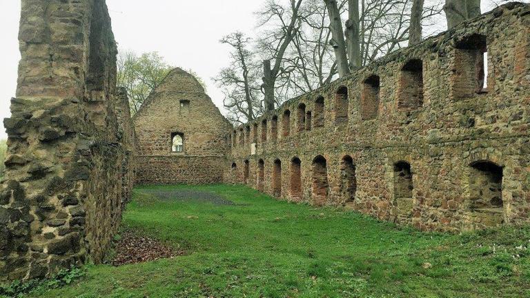 Ein Blick auf die romantische Ruine des Klosters Nimbschen in der Nähe von Leipzig.