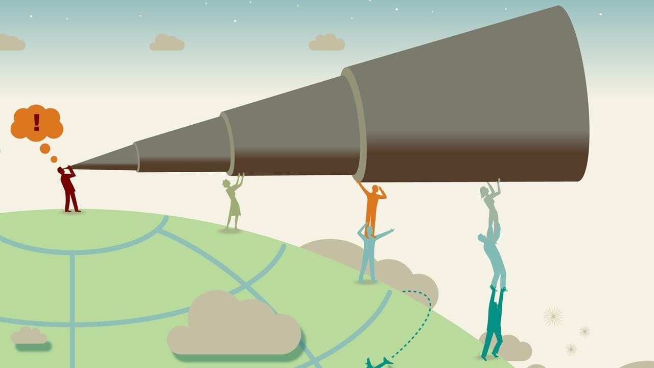 Menschen auf einem Globus halten großes Teleskop Menschen auf einem Globus halten großes Teleskop