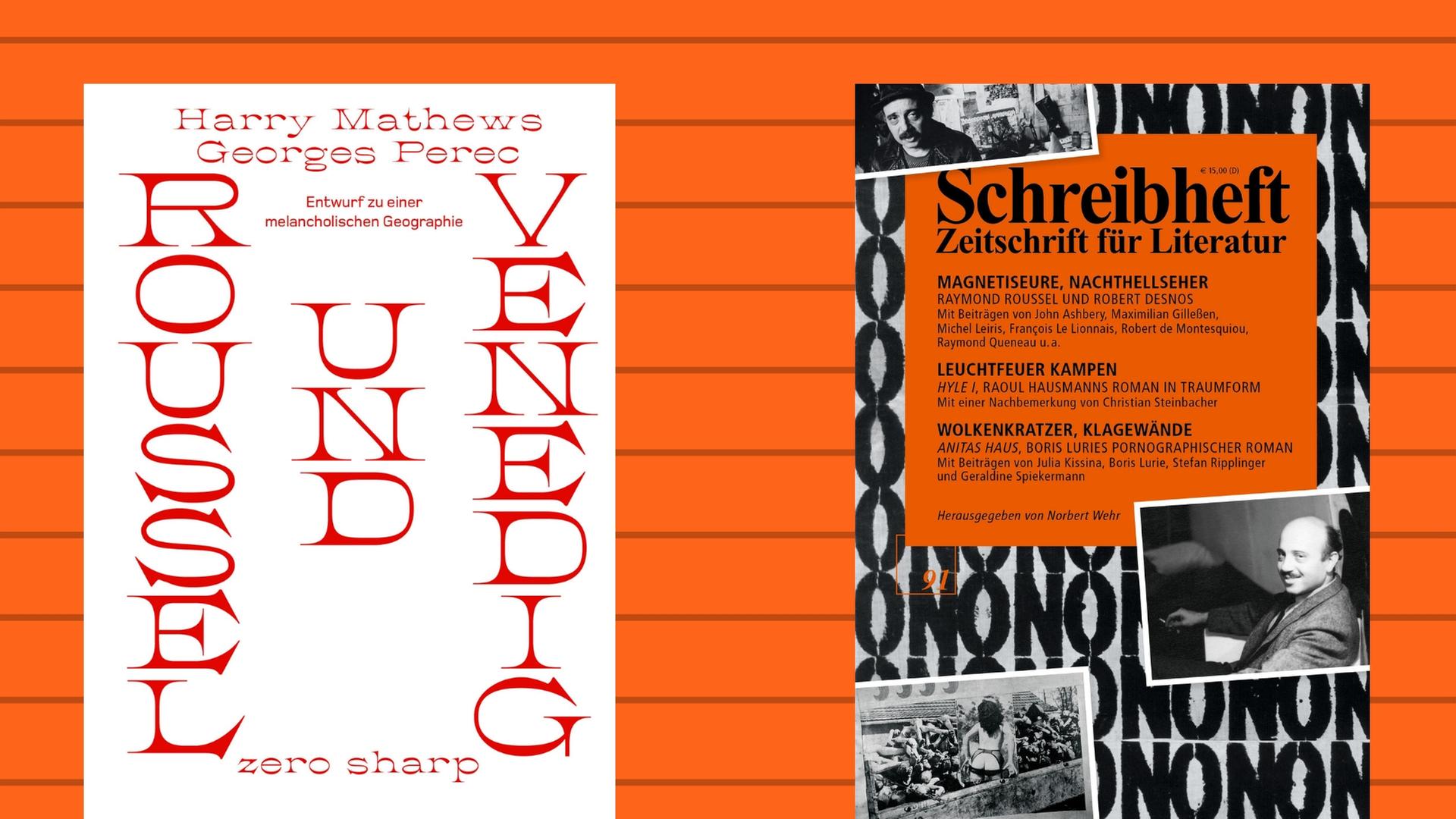 Buchcover links: Harry Mathews/Georges Perec: „Roussel und Venedig. Entwurf zu einer melancholischen Geographie“, Buchcover rechts: Norbert Wehr (Hrsg.): „Schreibheft, Zeitschrift für Literatur Nr. 91“ Buchcover links: Harry Mathews/Georges Perec: „Roussel und Venedig. Entwurf zu einer melancholischen Geographie“, Buchcover rechts: Norbert Wehr (Hrsg.): „Schreibheft, Zeitschrift für Literatur Nr. 91“