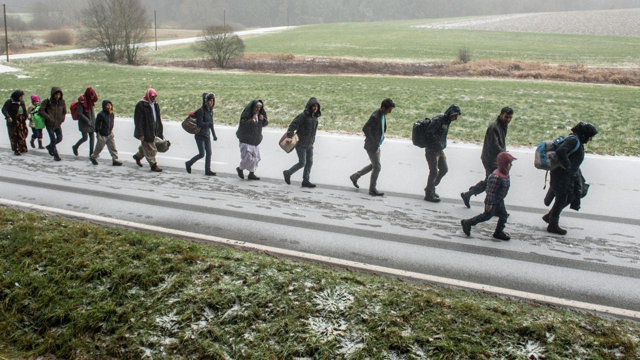 Flüchtlinge gehen am 21.11.2015 an der deutsch-österreichischen Grenze nahe Wegscheid (Bayern) während eines Schneeschauers nach Deutschland. Flüchtlinge gehen am 21.11.2015 an der deutsch-österreichischen Grenze nahe Wegscheid (Bayern) während eines Schneeschauers nach Deutschland.