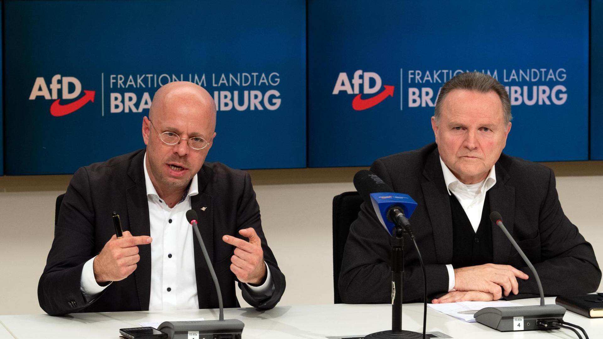 Andreas Kalbitz (l), Vorsitzender und Fraktionsvorsitzender der AfD Brandenburg, spricht während einer Pressekonferenz nach einer gemeinsamen Sitzung von Berliner und Brandenburger AfD neben Georg Pazderski, Vorsitzender der AfD-Fraktion im Berliner Abgeordneten-Haus Andreas Kalbitz (l), Vorsitzender und Fraktionsvorsitzender der AfD Brandenburg, spricht während einer Pressekonferenz nach einer gemeinsamen Sitzung von Berliner und Brandenburger AfD neben Georg Pazderski, Vorsitzender der AfD-Fraktion im Berliner Abgeordneten-Haus