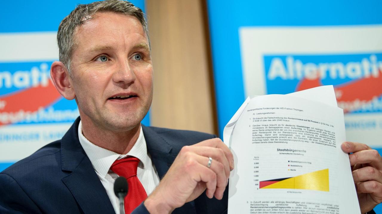 04.06.2018, Berlin: Björn Höcke, Vorsitzender der AfD-Fraktion im Thüringer Landtag, äußert sich bei einer Pressekonferenz zum Rentenkonzept der Thüringer Landtagsfraktion der Partei Alternative für Deutschland (AfD). Foto: Sina Schuldt/dpa | Verwendung weltweit 04.06.2018, Berlin: Björn Höcke, Vorsitzender der AfD-Fraktion im Thüringer Landtag, äußert sich bei einer Pressekonferenz zum Rentenkonzept der Thüringer Landtagsfraktion der Partei Alternative für Deutschland (AfD). Foto: Sina Schuldt/dpa | Verwendung weltweit
