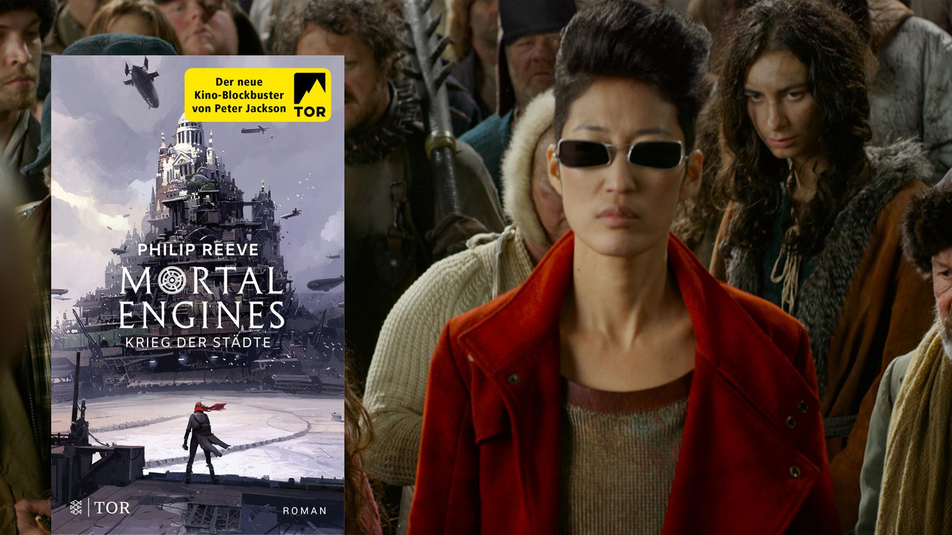 Im Vordergrund: Cover des Buches "Mortal Engines" von Philip Reeve, im Hintergrund: Filmszene aus "Mortal Engines" von Christian Rivers mit Anna Fang als Jihae. Im Vordergrund: Cover des Buches "Mortal Engines" von Philip Reeve, im Hintergrund: Filmszene aus "Mortal Engines" von Christian Rivers mit Anna Fang als Jihae.
