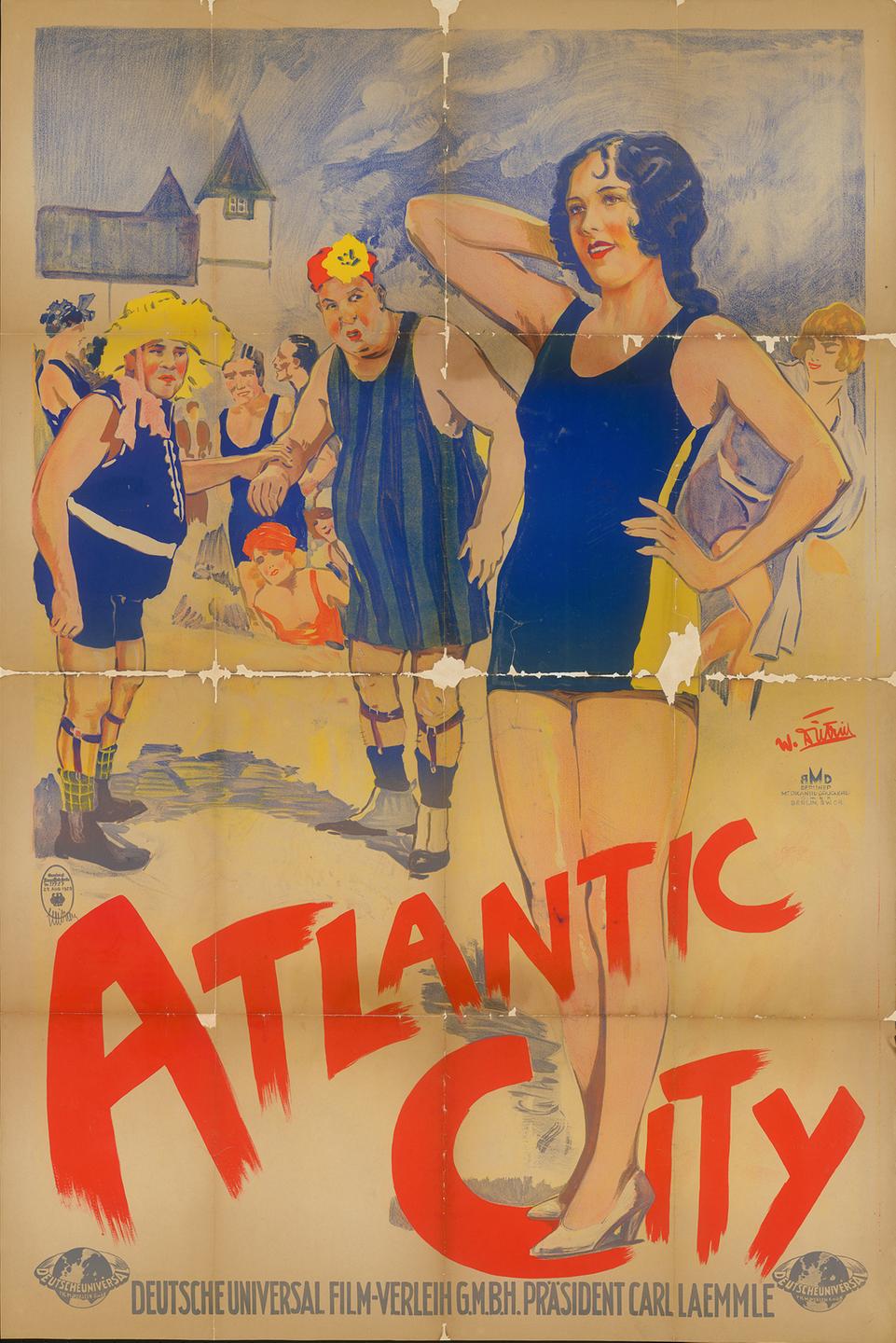 Ein altes Filmplakat mit Gebrauchsspuren. Unten steht mit roter Schrift "Atlantic City", darüber mehrere Menschen. Ein altes Filmplakat mit Gebrauchsspuren. Unten steht mit roter Schrift "Atlantic City", darüber mehrere Menschen.