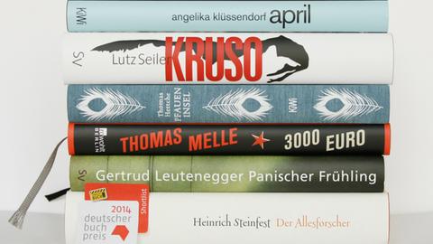 Das Bild zeigt die Buchrücken der Finalisten auf der Shortlist des Deutschen Buchpreises 2014.