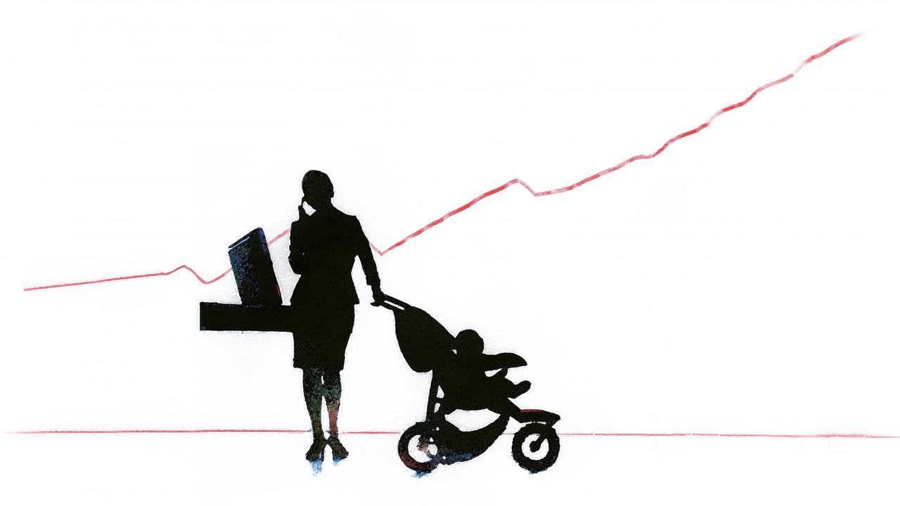 Illustration einer Geschäftsfrau mit Baby und Kinderwagen, die unter einem Liniendiagramm telefoniert. Illustration einer Geschäftsfrau mit Baby und Kinderwagen, die unter einem Liniendiagramm telefoniert.