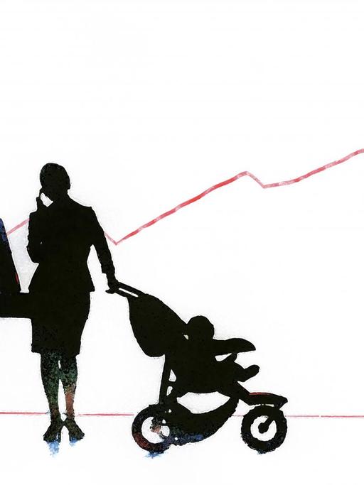 Illustration einer Geschäftsfrau mit Baby und Kinderwagen, die unter einem Liniendiagramm telefoniert.