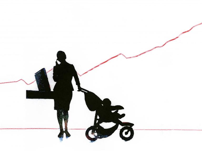 Illustration einer Geschäftsfrau mit Baby und Kinderwagen, die unter einem Liniendiagramm telefoniert.